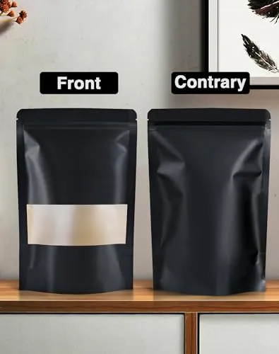 100 Pcs Resealable bags,3.5" x 5.5" Stand Up Black Kraft Paper Bags with Matte Window, Zip Lock Food Storage Bags for Packaging Products, Reusable, Sealable