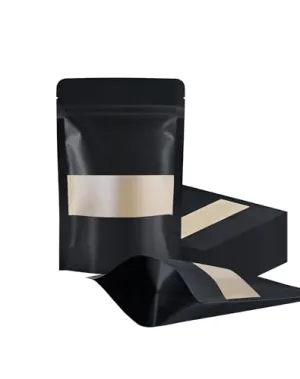 100 Pcs Resealable bags,3.5" x 5.5" Stand Up Black Kraft Paper Bags with Matte Window, Zip Lock Food Storage Bags for Packaging Products, Reusable, Sealable
