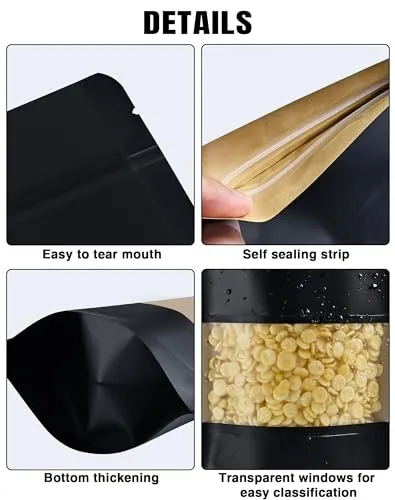 100 Pcs Resealable bags,3.5" x 5.5" Stand Up Black Kraft Paper Bags with Matte Window, Zip Lock Food Storage Bags for Packaging Products, Reusable, Sealable
