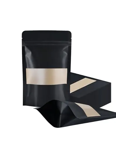 100 Pcs Resealable bags,3.5" x 5.5" Stand Up Black Kraft Paper Bags with Matte Window, Zip Lock Food Storage Bags for Packaging Products, Reusable, Sealable