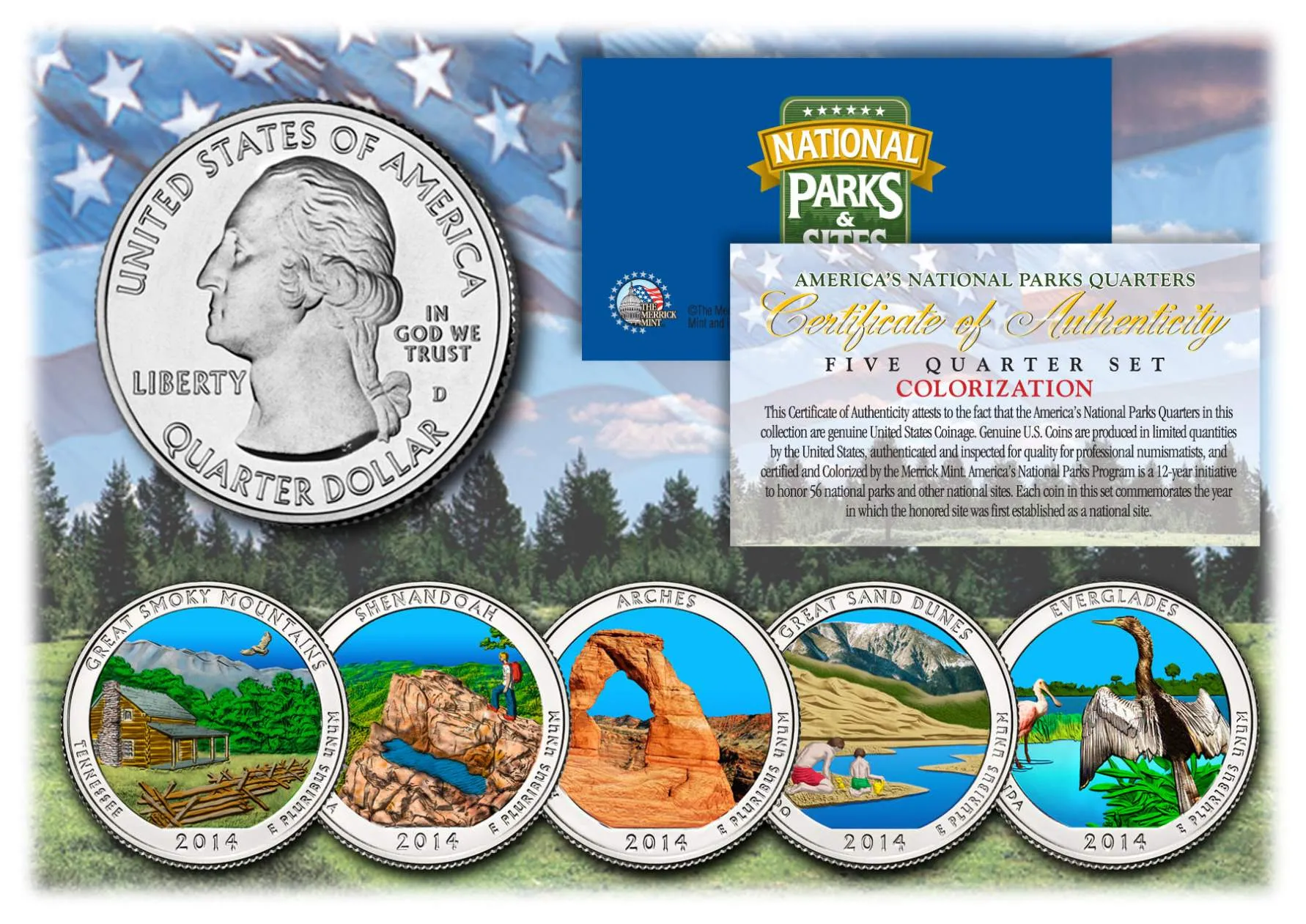 2014 America The Beautiful COLORIZED Quarters U.S. Parks 5-Coin Set with Capsules