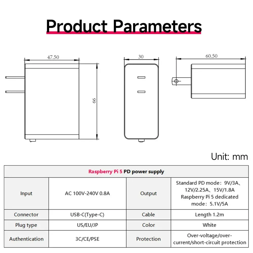 27W 5.1V/5A PD Power Supply for Raspberry Pi 5
