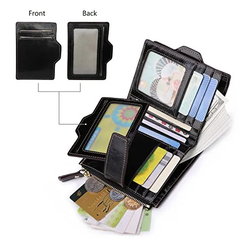 AINIMOER Women's RFID Blocking Leather Small Compact Bi-fold Zipper Pocket Wallet Card Case Purse (Waxed Black)