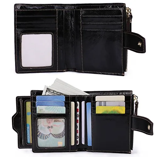 AINIMOER Women's RFID Blocking Leather Small Compact Bi-fold Zipper Pocket Wallet Card Case Purse (Waxed Black)