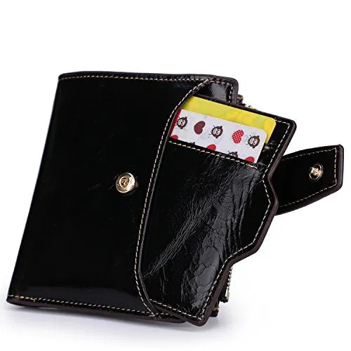 AINIMOER Women's RFID Blocking Leather Small Compact Bi-fold Zipper Pocket Wallet Card Case Purse (Waxed Black)
