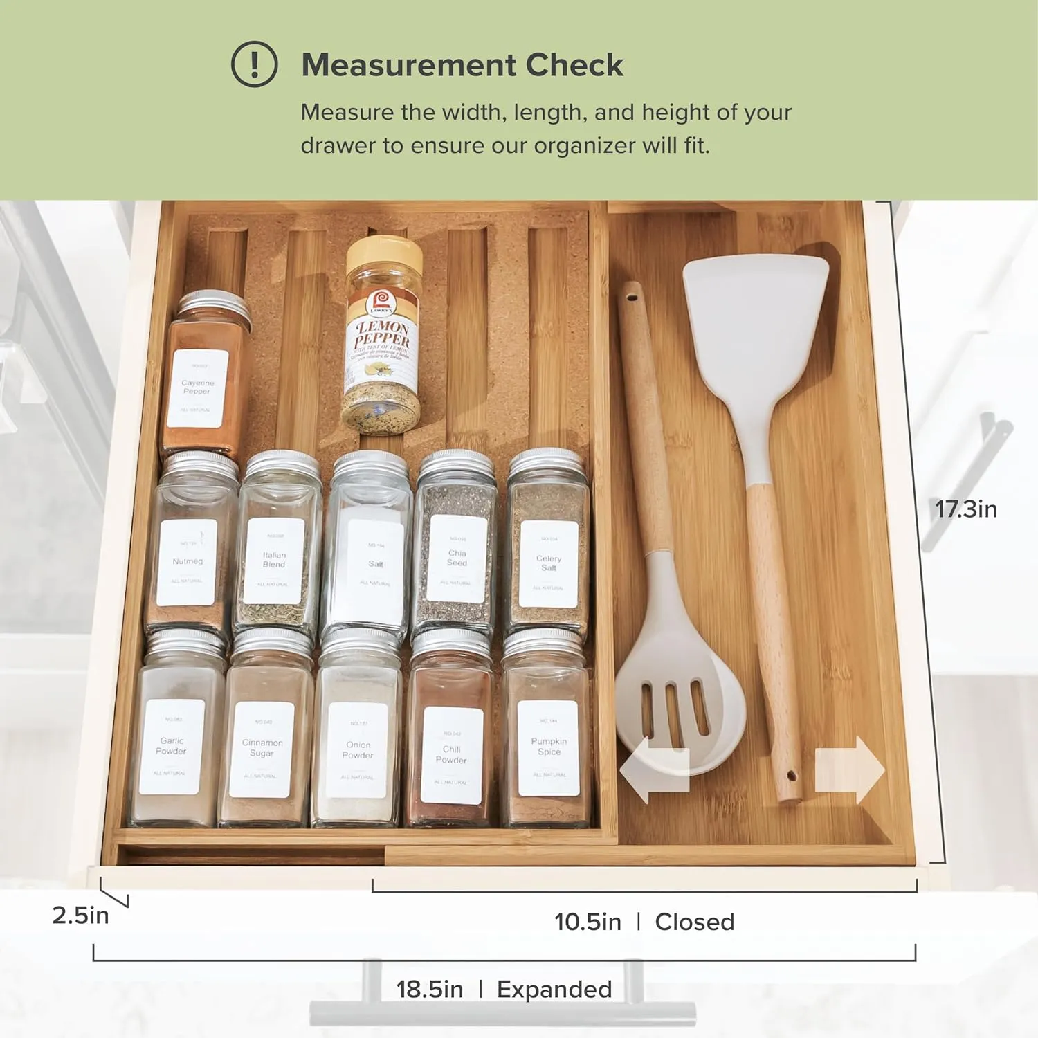 Bamboo Spice Drawer Organizer (Expands 10.5 to 18.5 in)