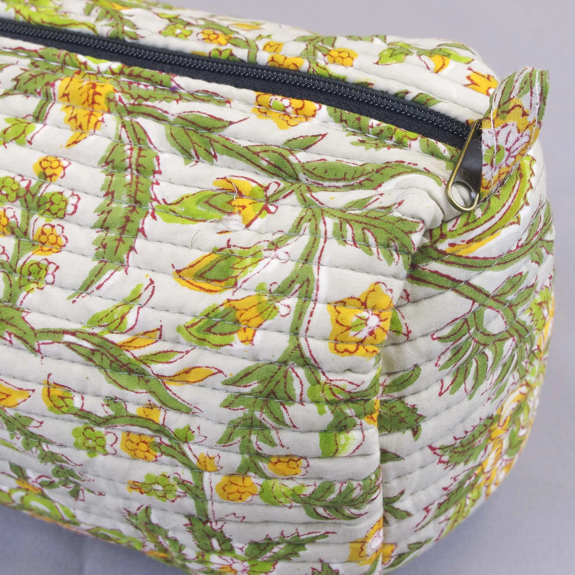 Block Print Quilted Toiletry Bag - Green Yellow Floral