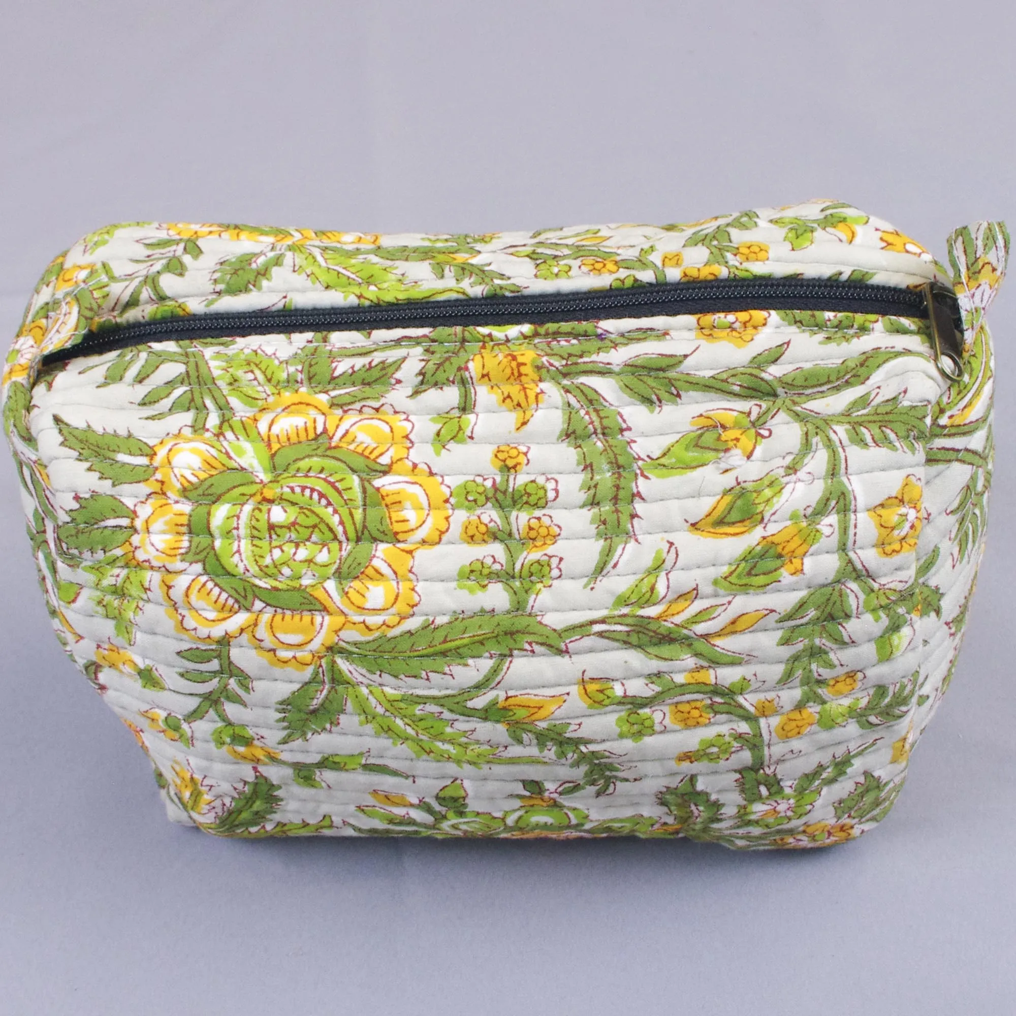 Block Print Quilted Toiletry Bag - Green Yellow Floral
