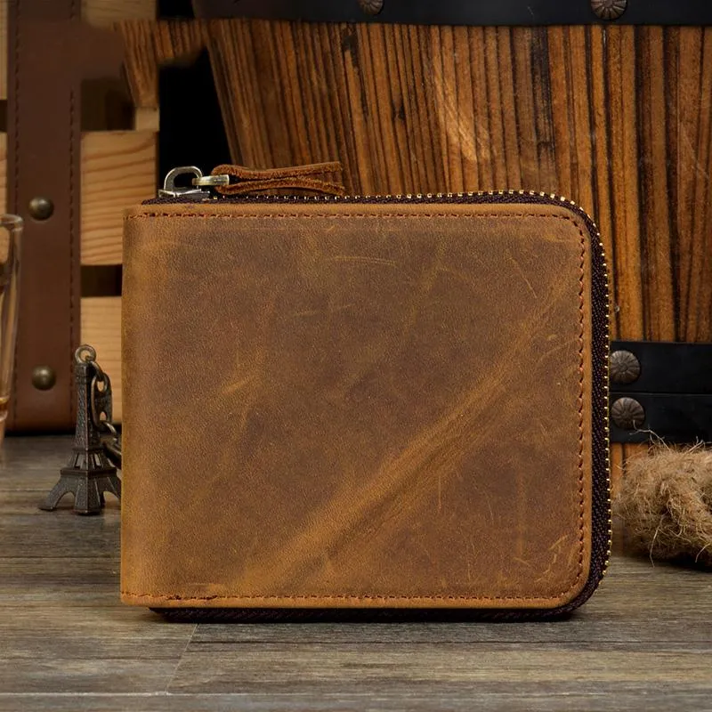 Brown Cool Leather Mens billfold Wallet Zipper Trifold Card Small Wallet for Men
