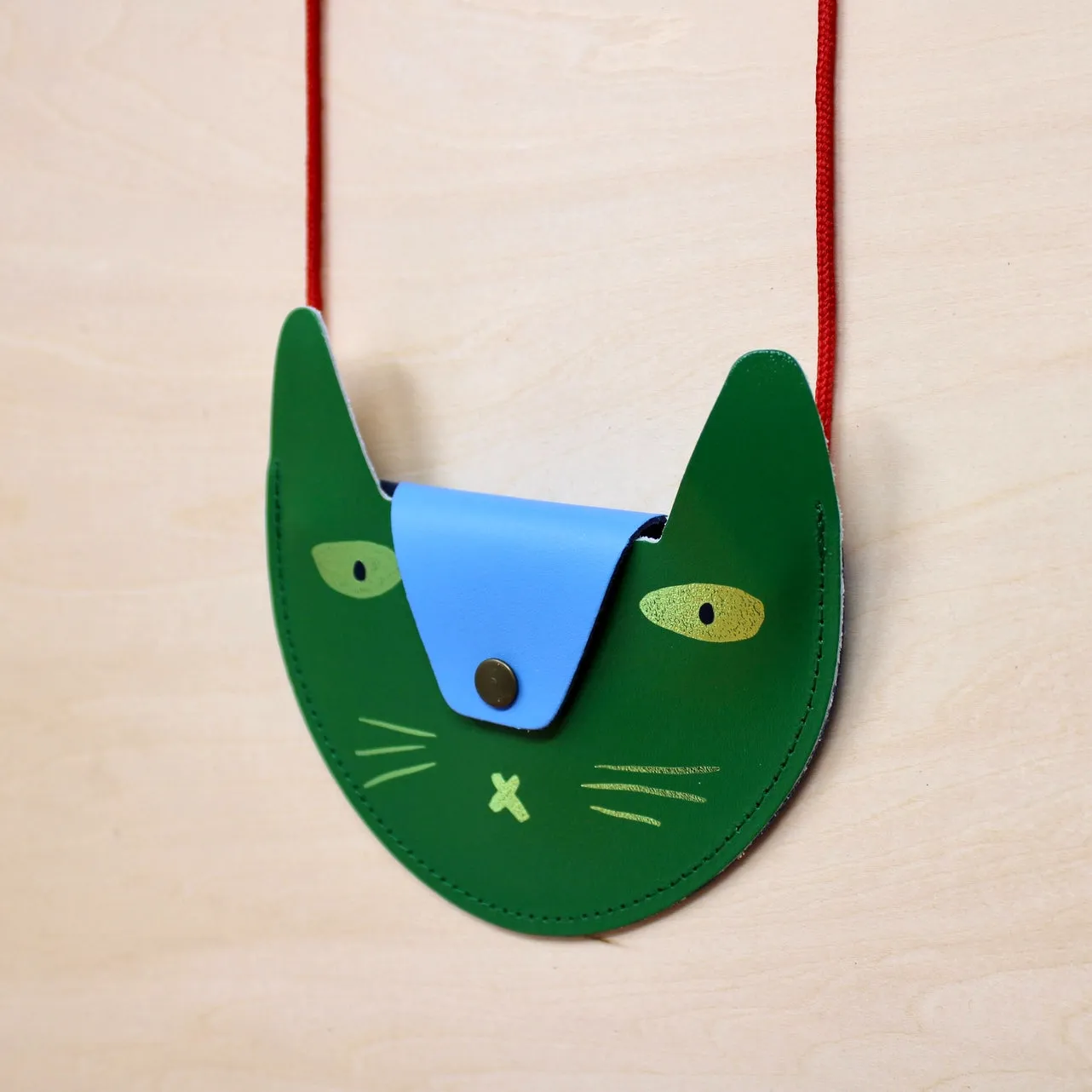 Cat Pocket Purse in Green and Cornflower