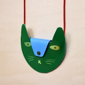 Cat Pocket Purse in Green and Cornflower