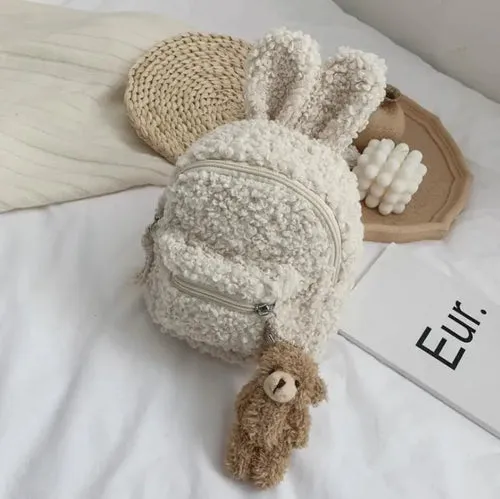 Charming Bunny Ear Plush Backpack for Kids - Cozy Fleece Daypack
