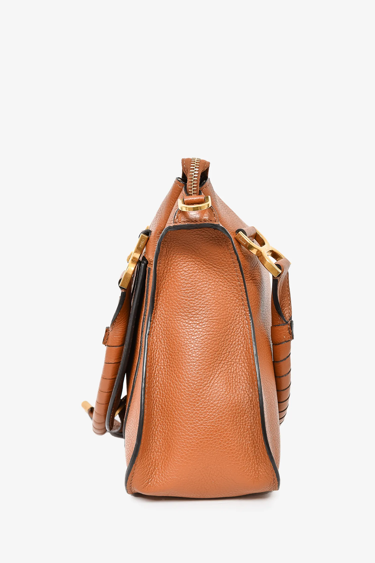 Chloe Brown Grained Leather Medium Marcie Shoulder Bag with Strap