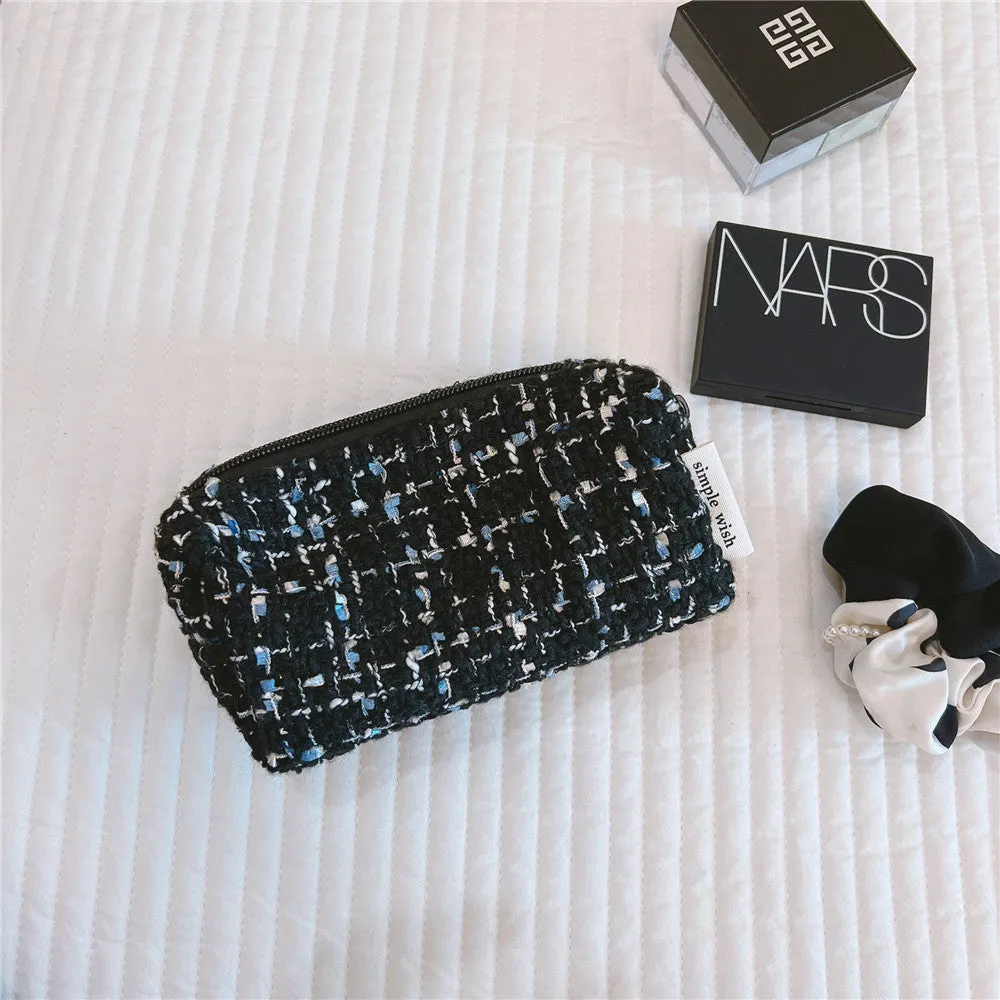 Classic Elegant Black And White Plaid Soft Makeup Bag, Travel Case Pouch