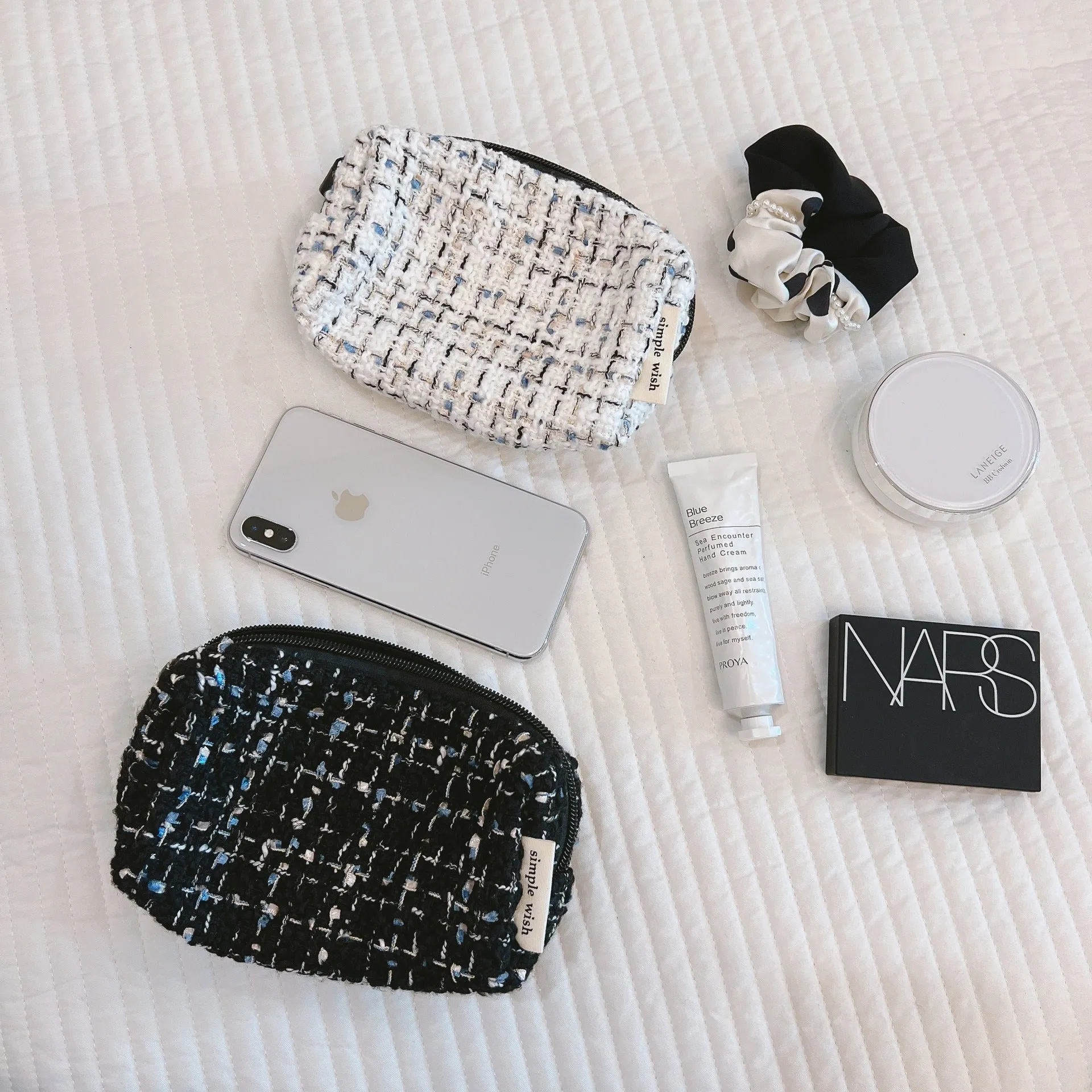 Classic Elegant Black And White Plaid Soft Makeup Bag, Travel Case Pouch