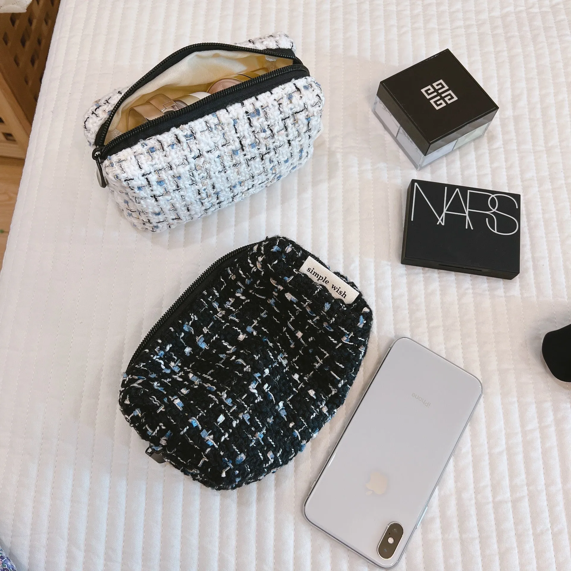 Classic Elegant Black And White Plaid Soft Makeup Bag, Travel Case Pouch