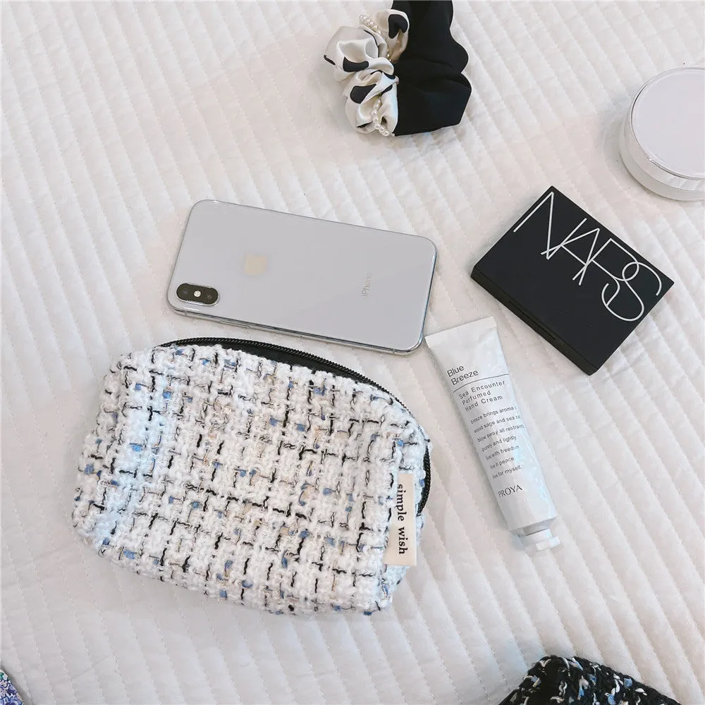 Classic Elegant Black And White Plaid Soft Makeup Bag, Travel Case Pouch