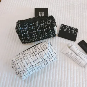 Classic Elegant Black And White Plaid Soft Makeup Bag, Travel Case Pouch