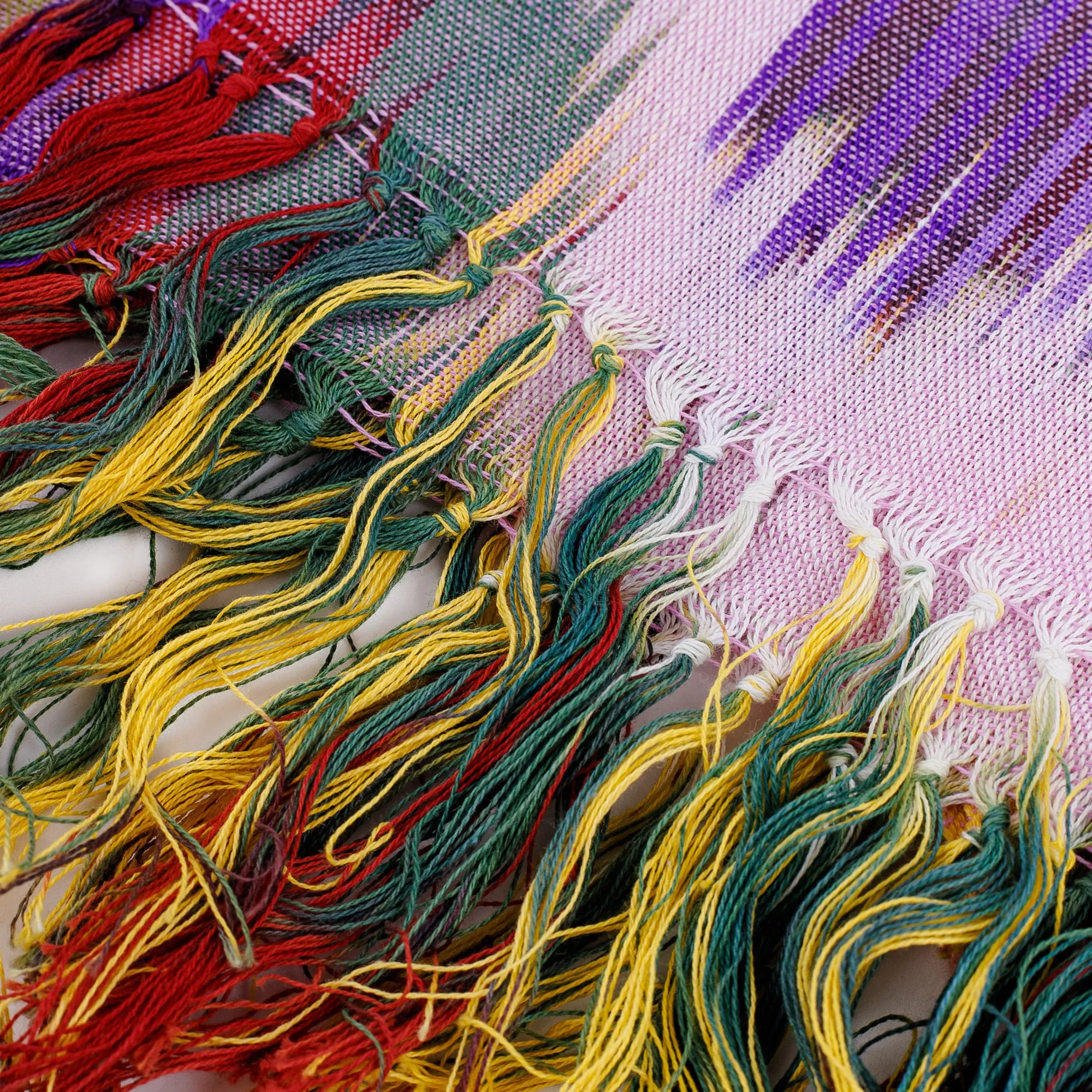 Classic Fringed Cotton Ikat Scarf Handwoven in Uzbekistan - Symphony of Sweetness | NOVICA
