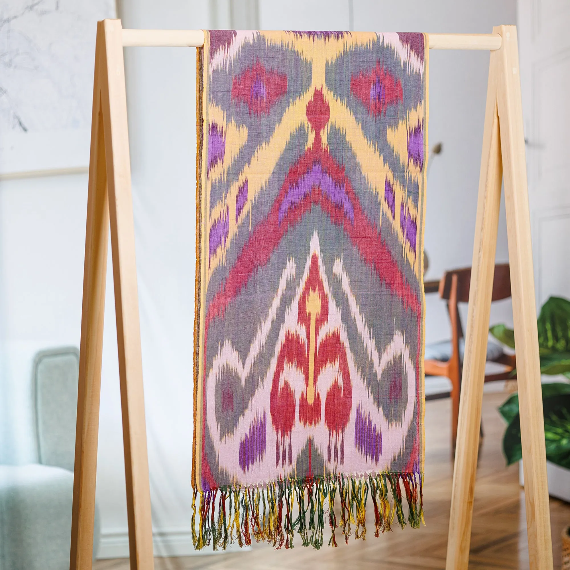 Classic Fringed Cotton Ikat Scarf Handwoven in Uzbekistan - Symphony of Sweetness | NOVICA