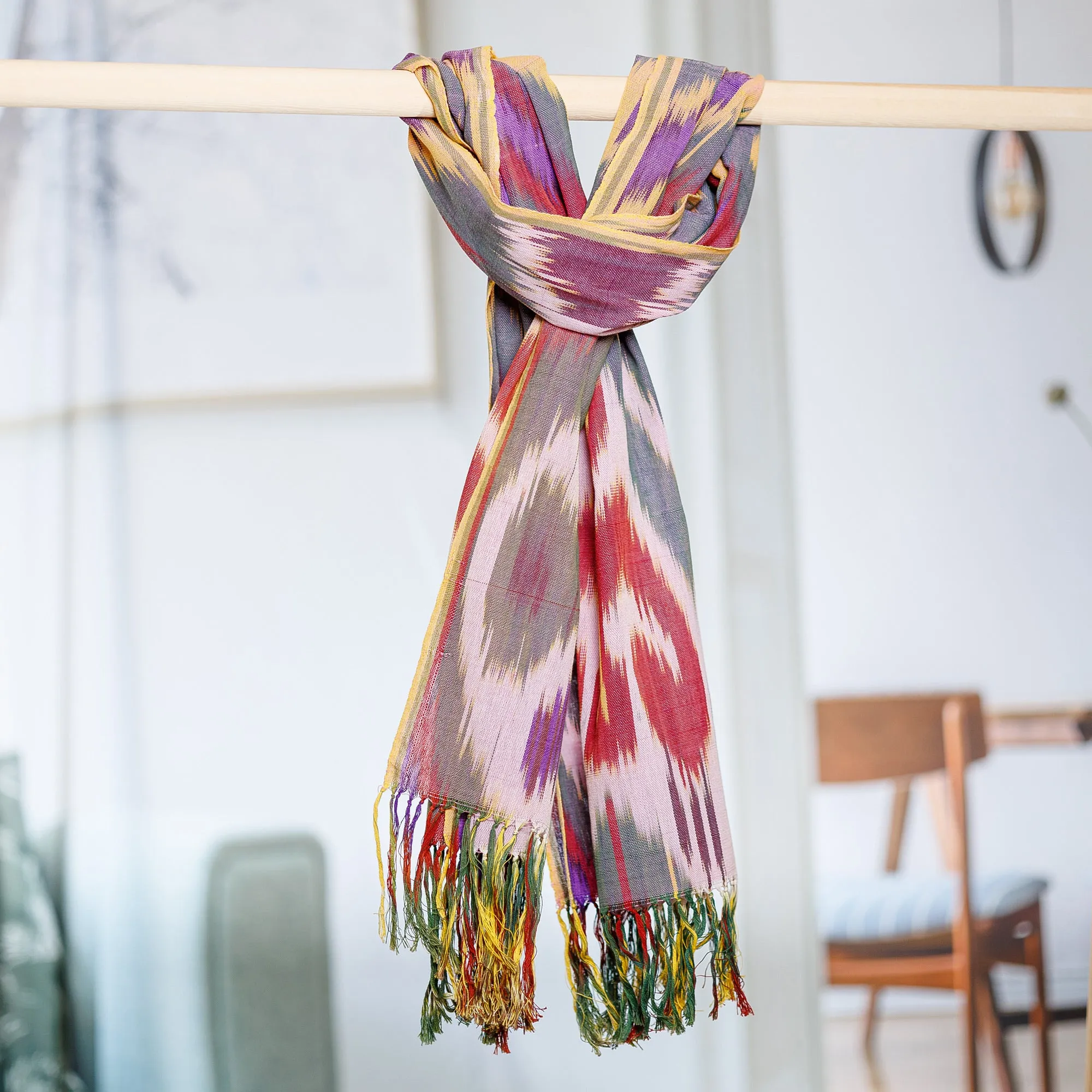 Classic Fringed Cotton Ikat Scarf Handwoven in Uzbekistan - Symphony of Sweetness | NOVICA