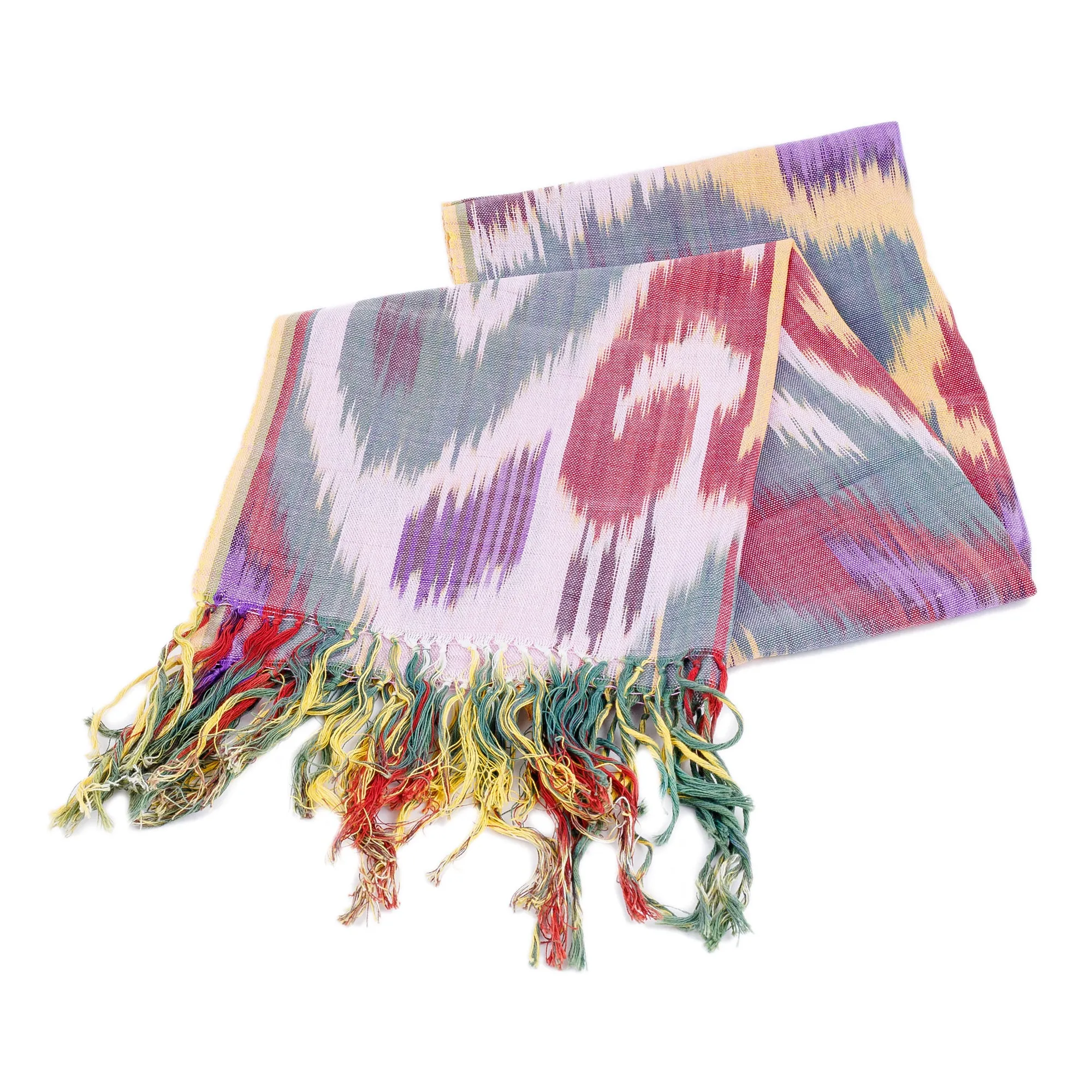 Classic Fringed Cotton Ikat Scarf Handwoven in Uzbekistan - Symphony of Sweetness | NOVICA