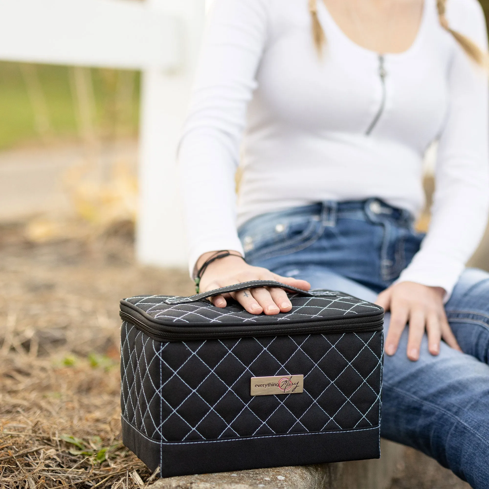 Collapsible Sewing Kit Organizer Box, Black & Blue Quilted