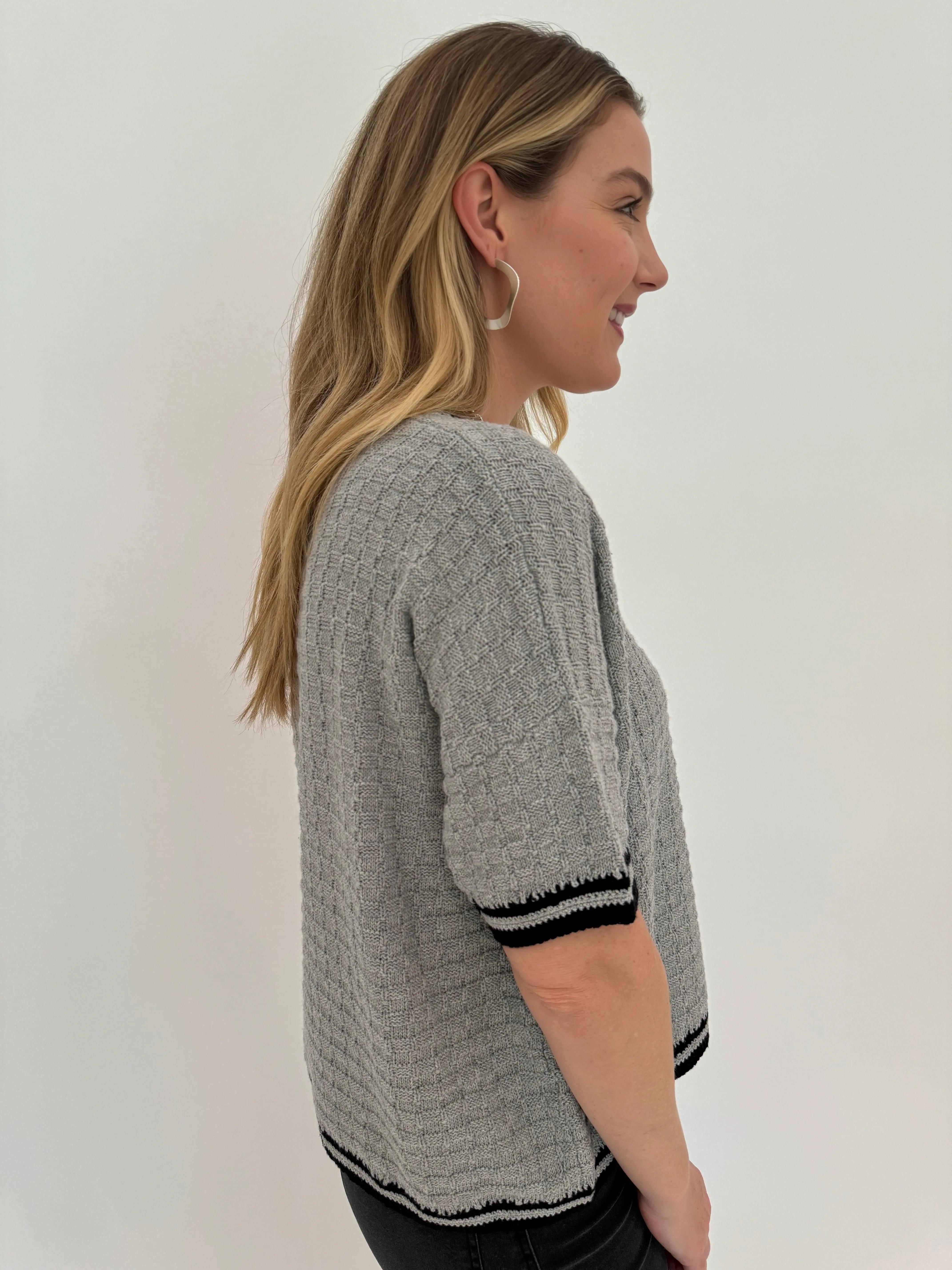 Crochet Details Relaxed Crew Sweater - Grey