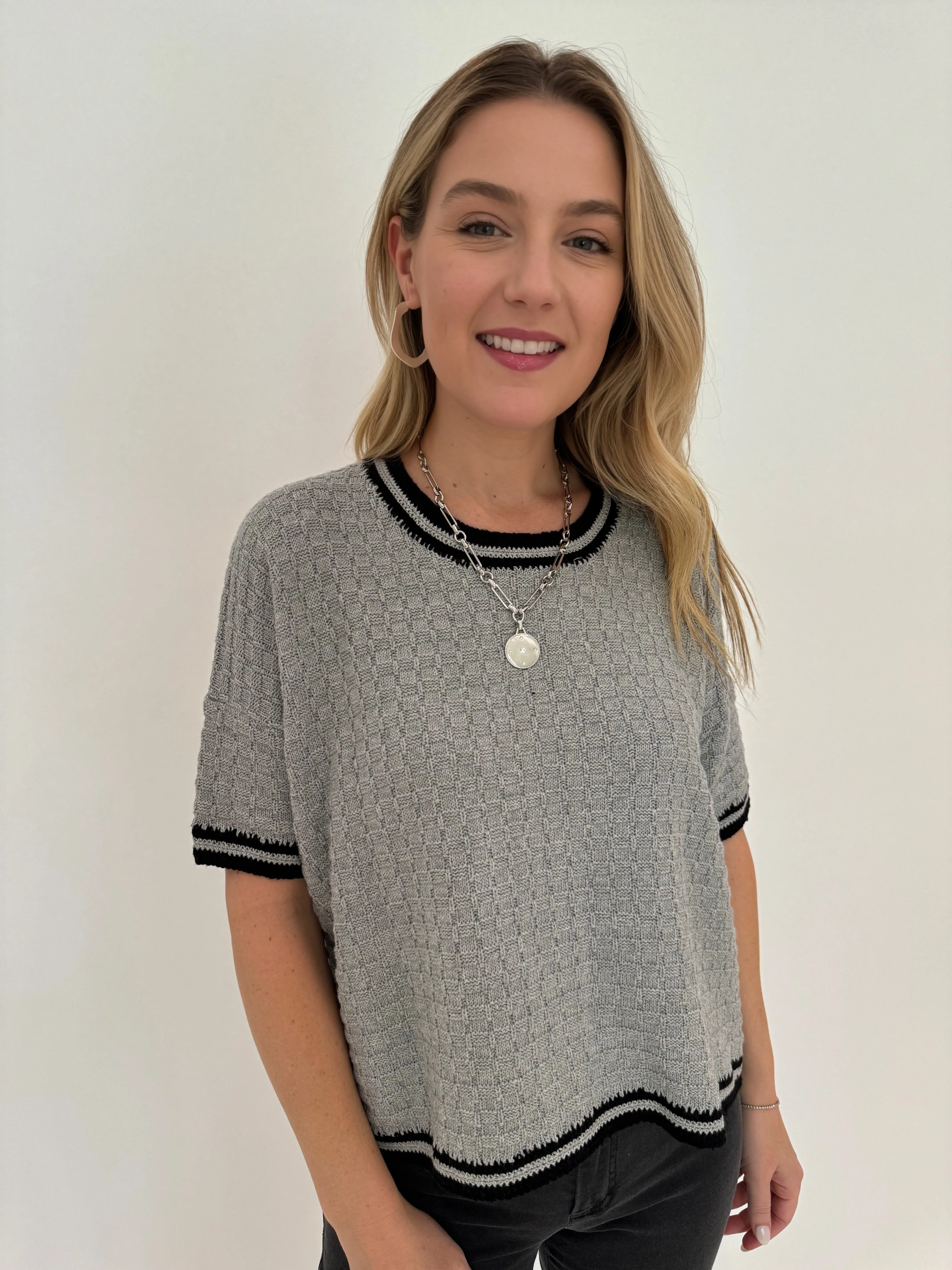 Crochet Details Relaxed Crew Sweater - Grey