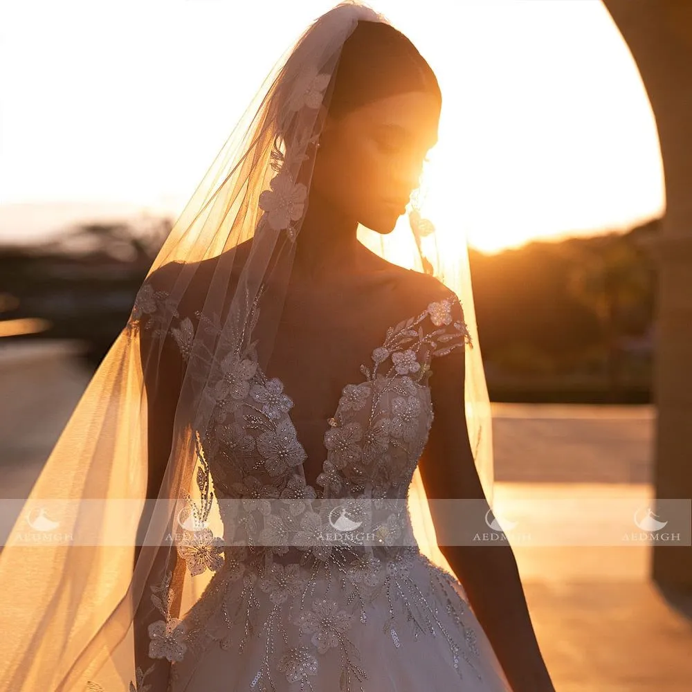 Denisse Ball Gown Wedding Dress Sweetheart Cap Sleeve Court Train Graceful Beading Appliques