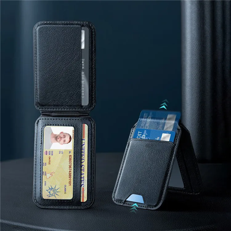 ESR - HaloLock Magnetic MagSafe iPhone Genuine Leather Wallet Credit Card Holder   Kickstand Stand - Black