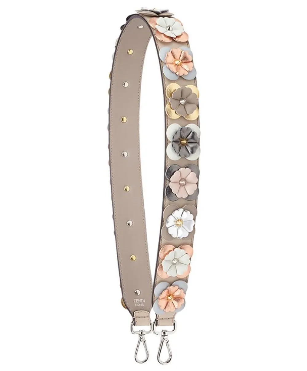 Fendi Shoulder Strap Flowers Grey Taupe Multi Color Calf Leather Embellished 8AV077
