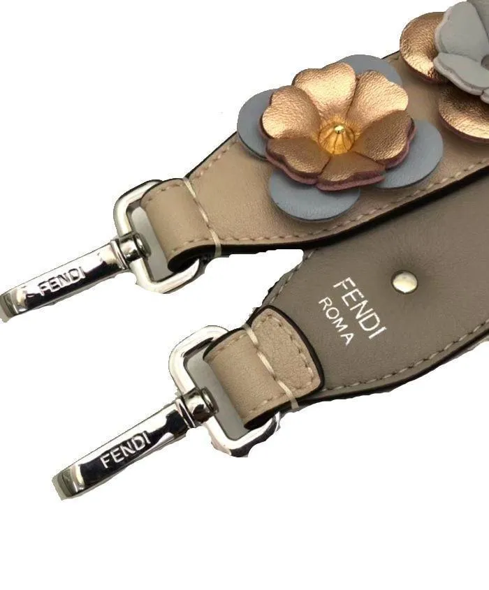 Fendi Shoulder Strap Flowers Grey Taupe Multi Color Calf Leather Embellished 8AV077