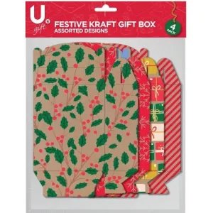 Festive Kraft Gift Box - 4 Pack Rustic Kraft Paper Christmas Holiday Gifts