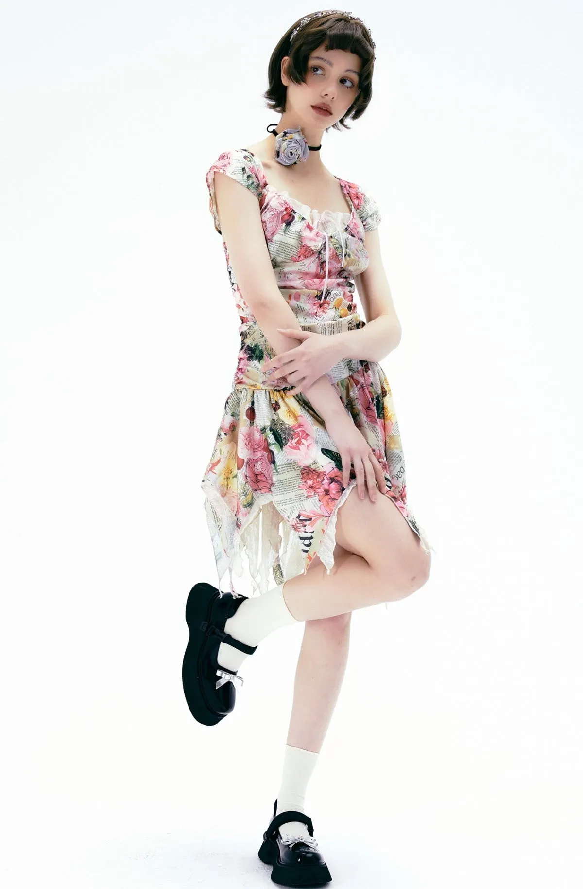 Flower Gorgeous Asymmetry Newspaper One-Piece