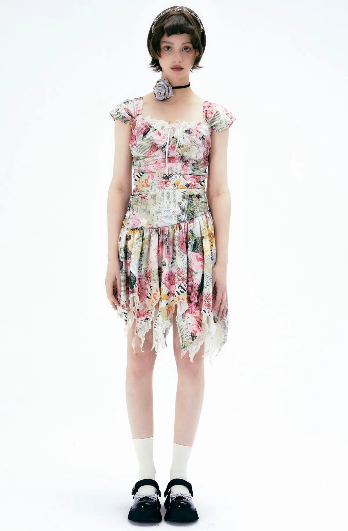 Flower Gorgeous Asymmetry Newspaper One-Piece