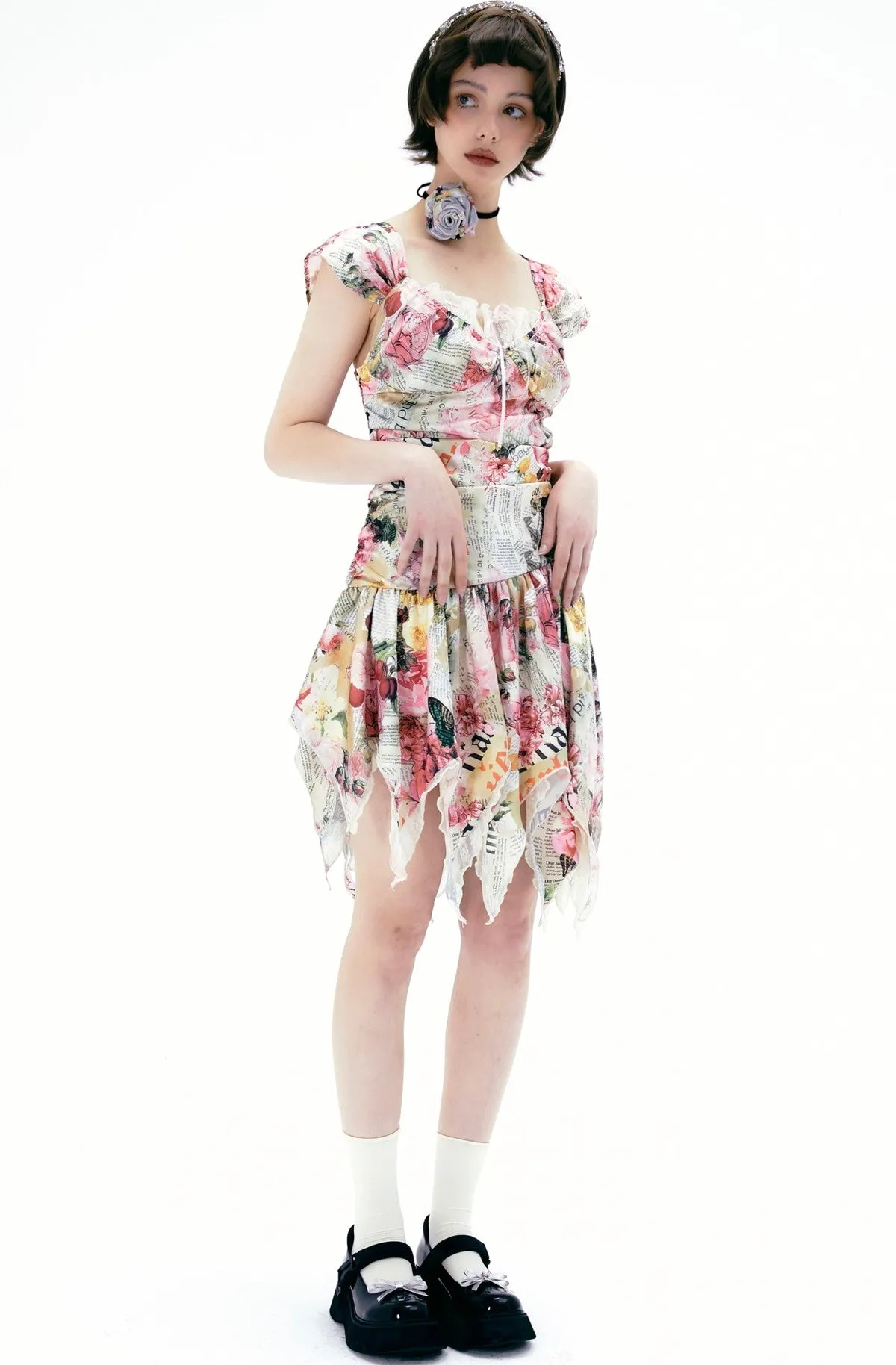 Flower Gorgeous Asymmetry Newspaper One-Piece