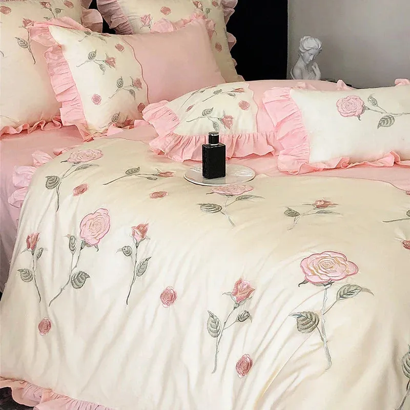 Flytonn-100% Cotton Vintage Pink Red Rose Flowers Embroidery Wedding Bedding Set Princess Ruffles Duvet Cover Set Bed Sheet Pillowcases