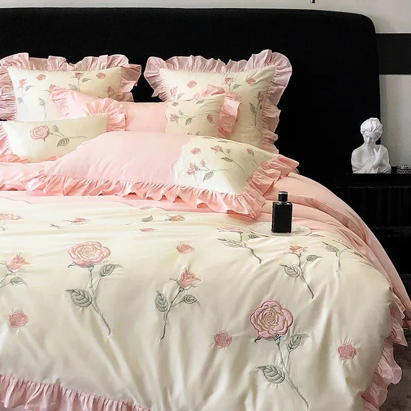 Flytonn-100% Cotton Vintage Pink Red Rose Flowers Embroidery Wedding Bedding Set Princess Ruffles Duvet Cover Set Bed Sheet Pillowcases