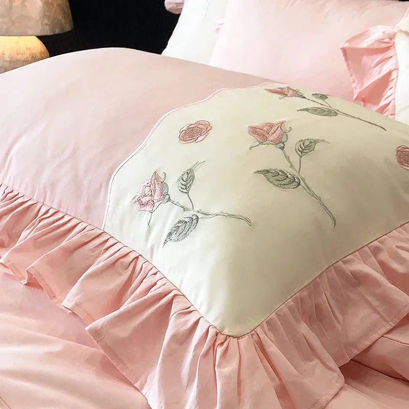 Flytonn-100% Cotton Vintage Pink Red Rose Flowers Embroidery Wedding Bedding Set Princess Ruffles Duvet Cover Set Bed Sheet Pillowcases