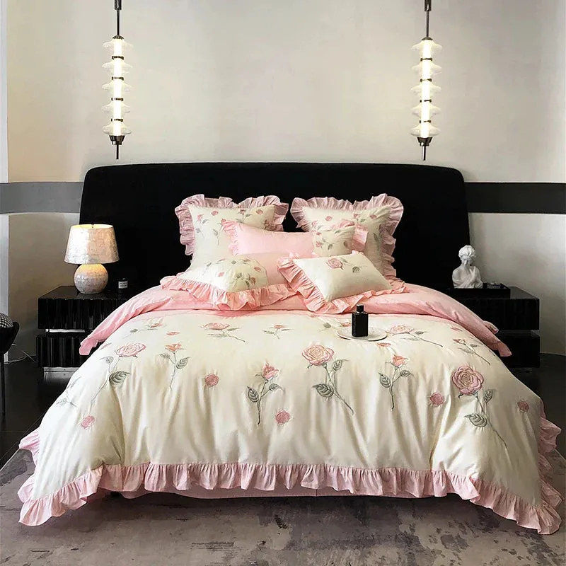 Flytonn-100% Cotton Vintage Pink Red Rose Flowers Embroidery Wedding Bedding Set Princess Ruffles Duvet Cover Set Bed Sheet Pillowcases