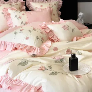 Flytonn-100% Cotton Vintage Pink Red Rose Flowers Embroidery Wedding Bedding Set Princess Ruffles Duvet Cover Set Bed Sheet Pillowcases