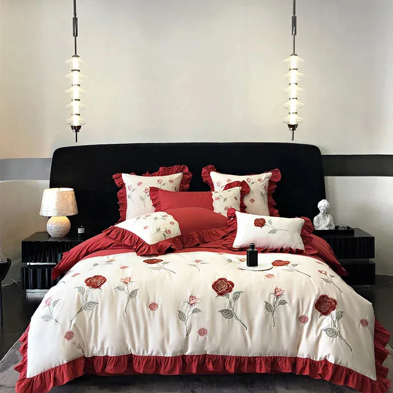 Flytonn-100% Cotton Vintage Pink Red Rose Flowers Embroidery Wedding Bedding Set Princess Ruffles Duvet Cover Set Bed Sheet Pillowcases