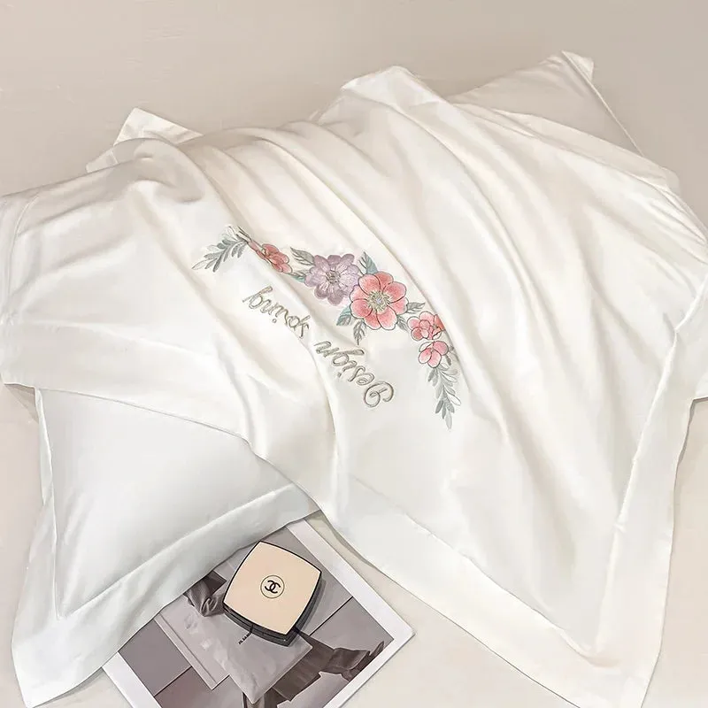 Flytonn-Egyptian Cotton Bedding Set Luxury Chic Flowers Embroidery Duvet Cover Set Bed Sheet Pillowcases White Pink Green Blue Bed Sets