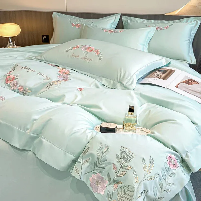 Flytonn-Egyptian Cotton Bedding Set Luxury Chic Flowers Embroidery Duvet Cover Set Bed Sheet Pillowcases White Pink Green Blue Bed Sets