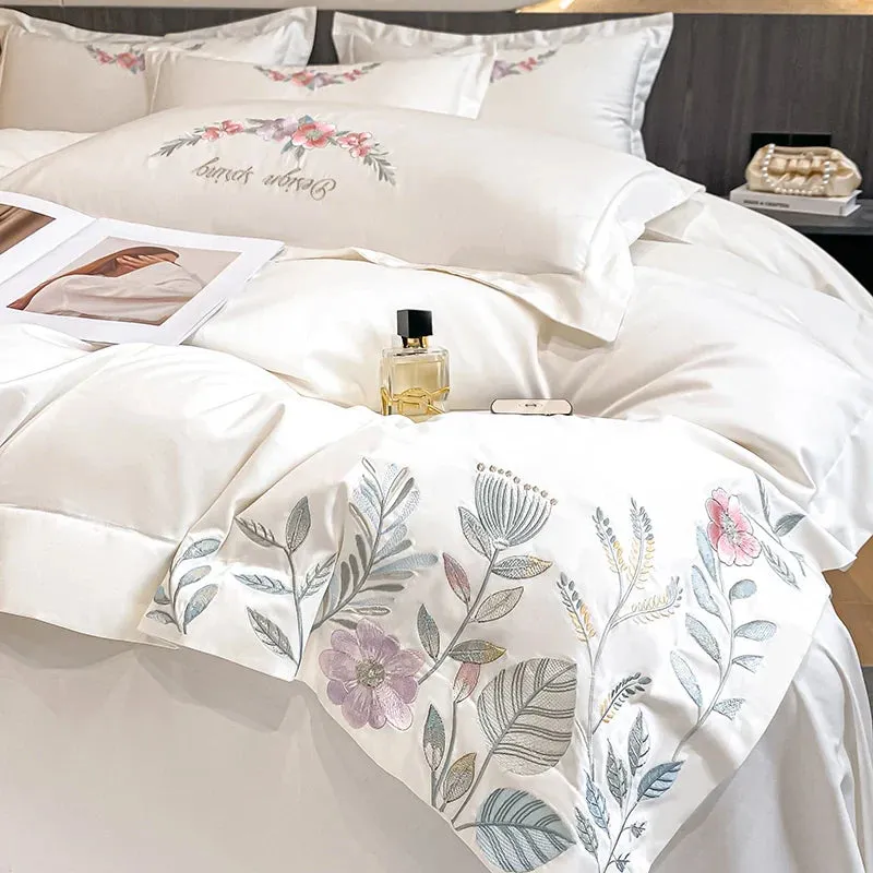 Flytonn-Egyptian Cotton Bedding Set Luxury Chic Flowers Embroidery Duvet Cover Set Bed Sheet Pillowcases White Pink Green Blue Bed Sets