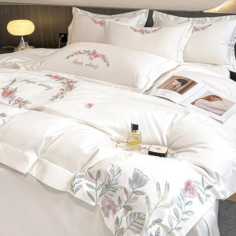 Flytonn-Egyptian Cotton Bedding Set Luxury Chic Flowers Embroidery Duvet Cover Set Bed Sheet Pillowcases White Pink Green Blue Bed Sets