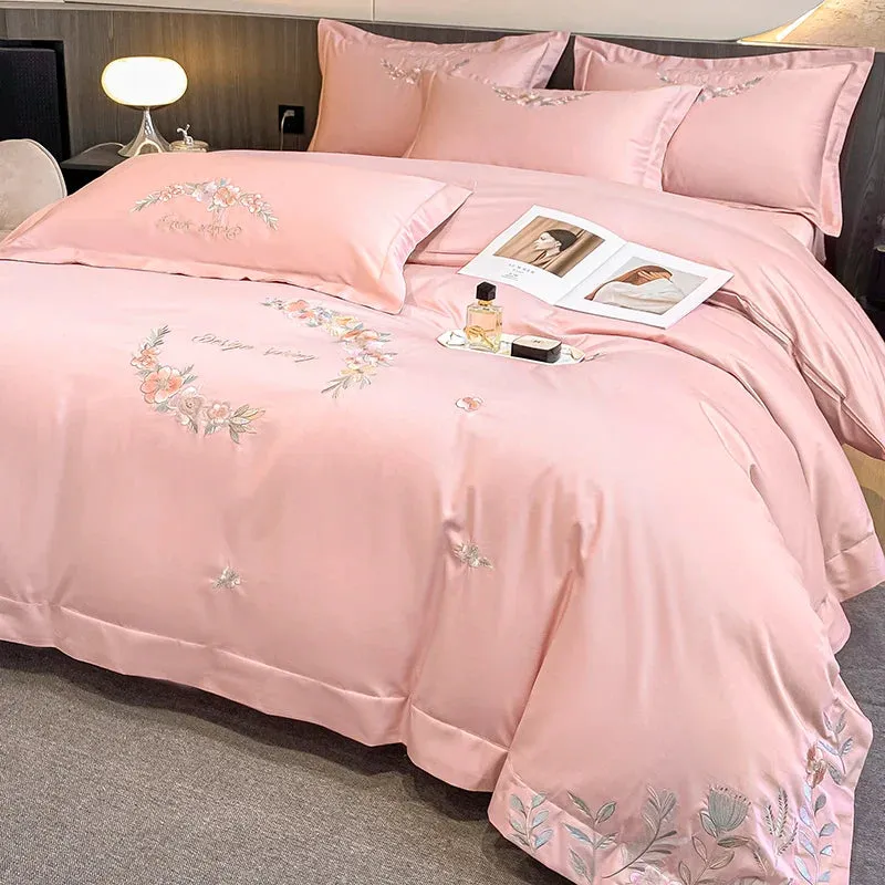 Flytonn-Egyptian Cotton Bedding Set Luxury Chic Flowers Embroidery Duvet Cover Set Bed Sheet Pillowcases White Pink Green Blue Bed Sets