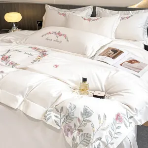 Flytonn-Egyptian Cotton Bedding Set Luxury Chic Flowers Embroidery Duvet Cover Set Bed Sheet Pillowcases White Pink Green Blue Bed Sets