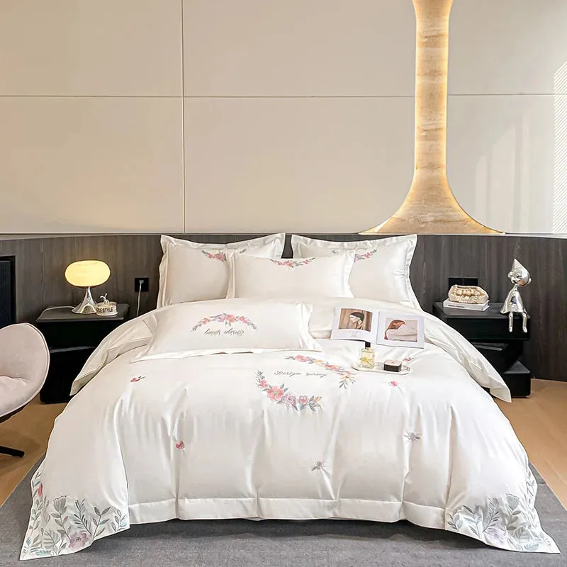 Flytonn-Egyptian Cotton Bedding Set Luxury Chic Flowers Embroidery Duvet Cover Set Bed Sheet Pillowcases White Pink Green Blue Bed Sets